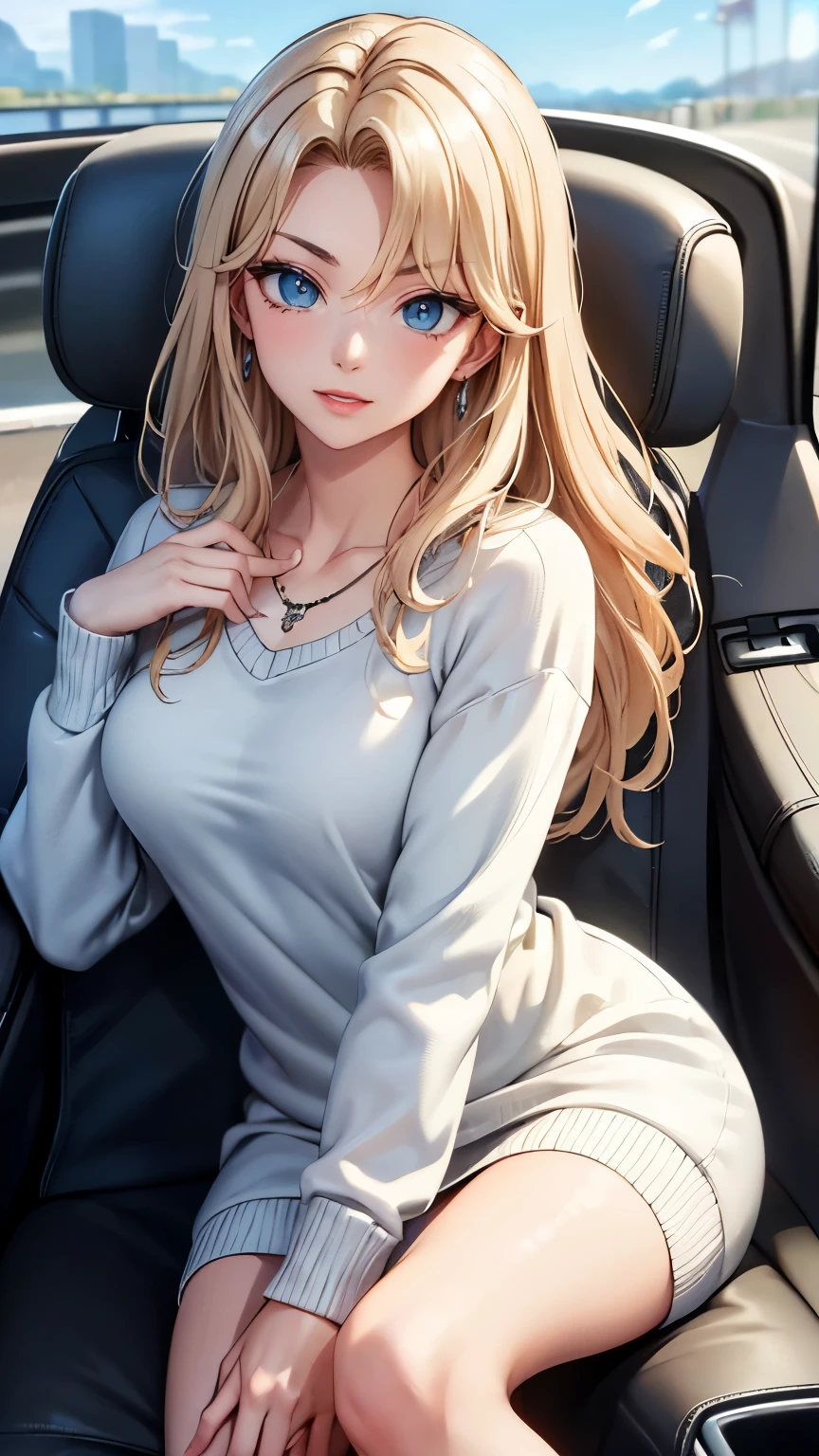 ((Highest quality, 8k, masterpiece:1.3)), concentrated:1.2, Perfect Body Beauty:1.4, Hips:1.2, ((Delicate hair)), (Sweater dress:1.1) , (sports car, street: 1.2), Highly detailed face and skin texture, Detailed eyes, double eyelid, Whitening skin, Big Breasts, smile, Put on a necklace, ring, A person sitting in a car with their butt up々,