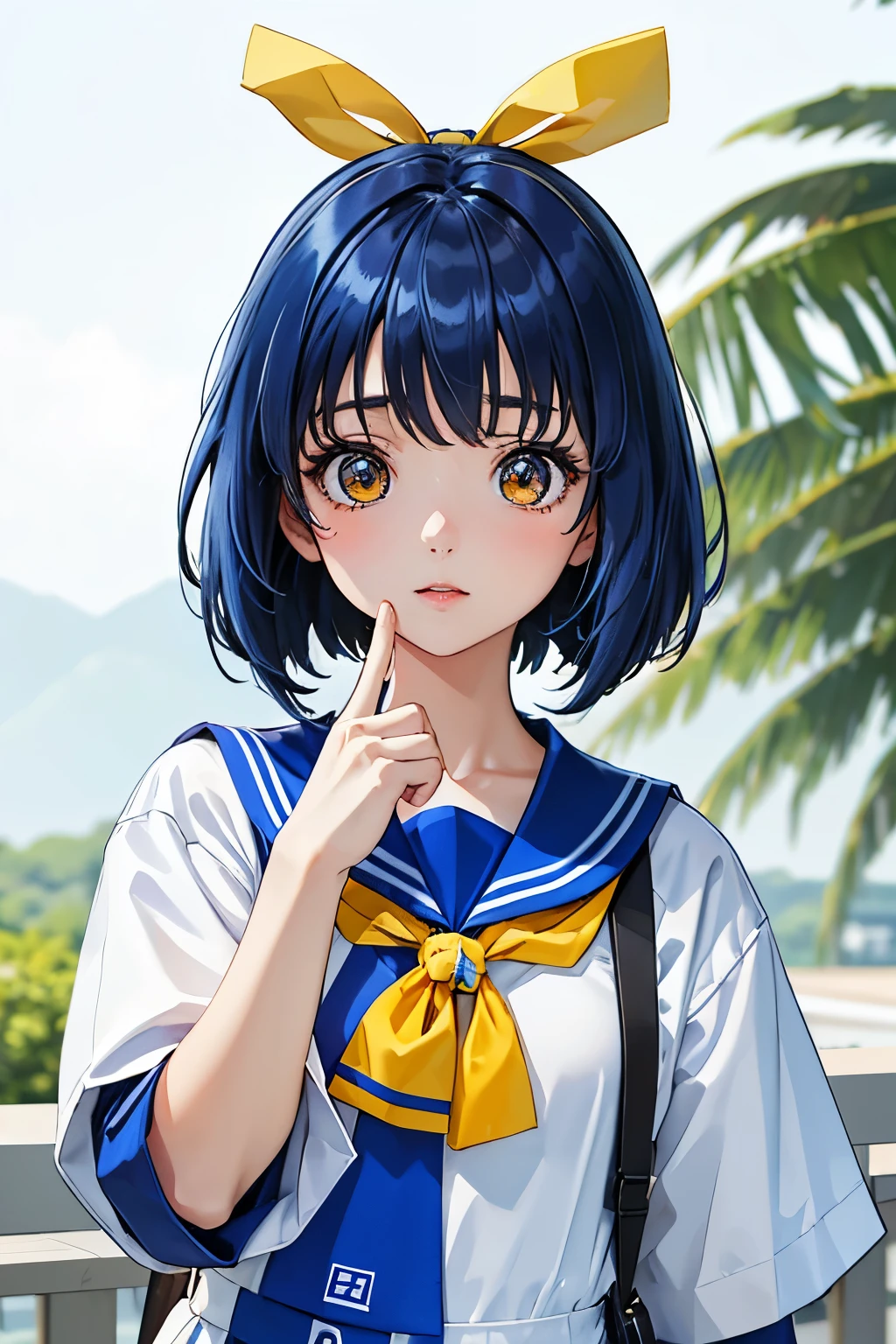 Asuka Honda、明日香、ASKA120%、Blue Hair、Bobcut、Yellow ribbon、Sailor suit(((SFW、sound、Highest quality、first-clasasterpiece、Normal body、8k、Detailed face、Ultra-precision、Normal hand、Normal finger、5Finger、Highest)))