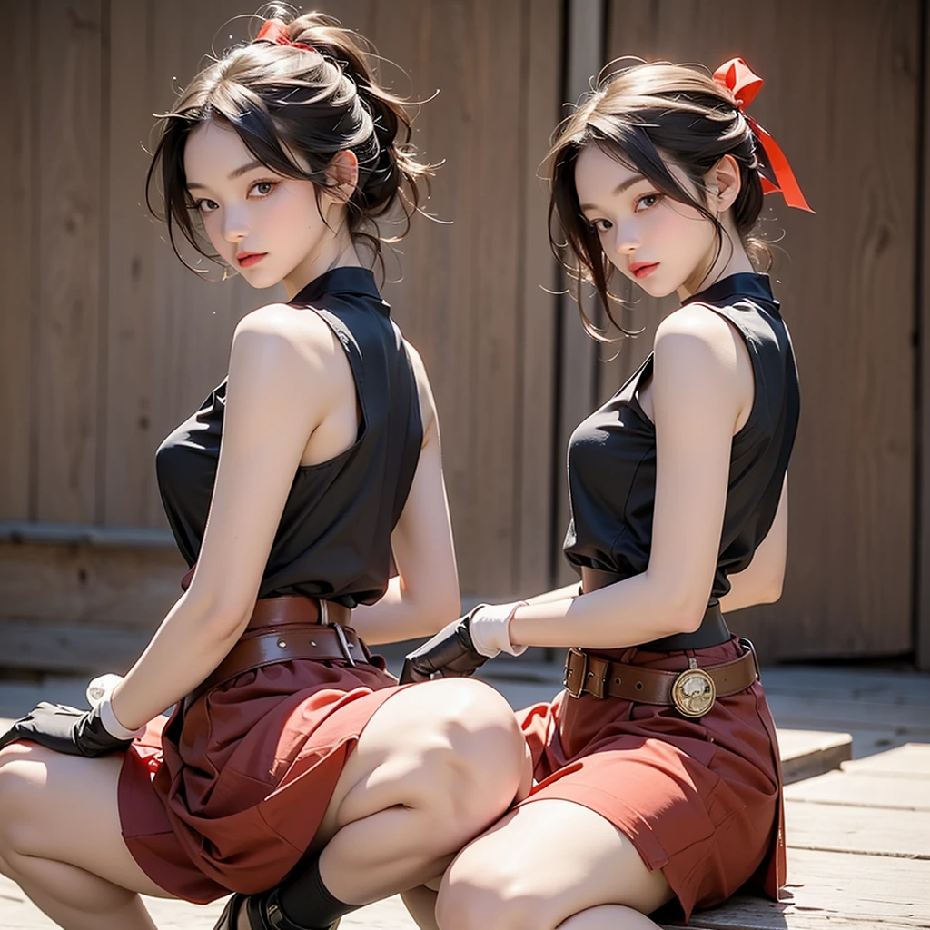masterpiece, Highest quality, High resolution, 1 Girl Hair Ornament Hair Ribbon, Sleeveless red skirt、Brown gloves、Fingerless gloves、Brown belt、squat, From the side, View your viewers
