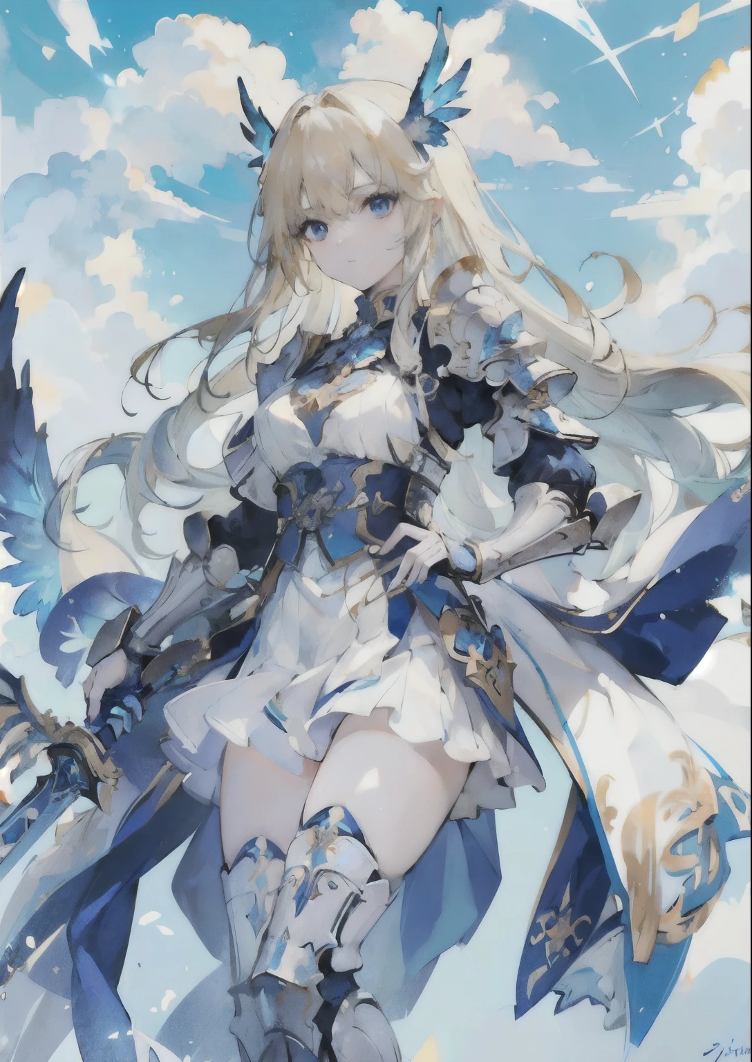 masterpiece, highest quality, Highly detailed CG Unity 8K wallpaper,paper cutting,girl,blue eyes, golden hair,gradient hair,fantasy,Ahoge,Angel,Blue Moon,small breasts,exposed
