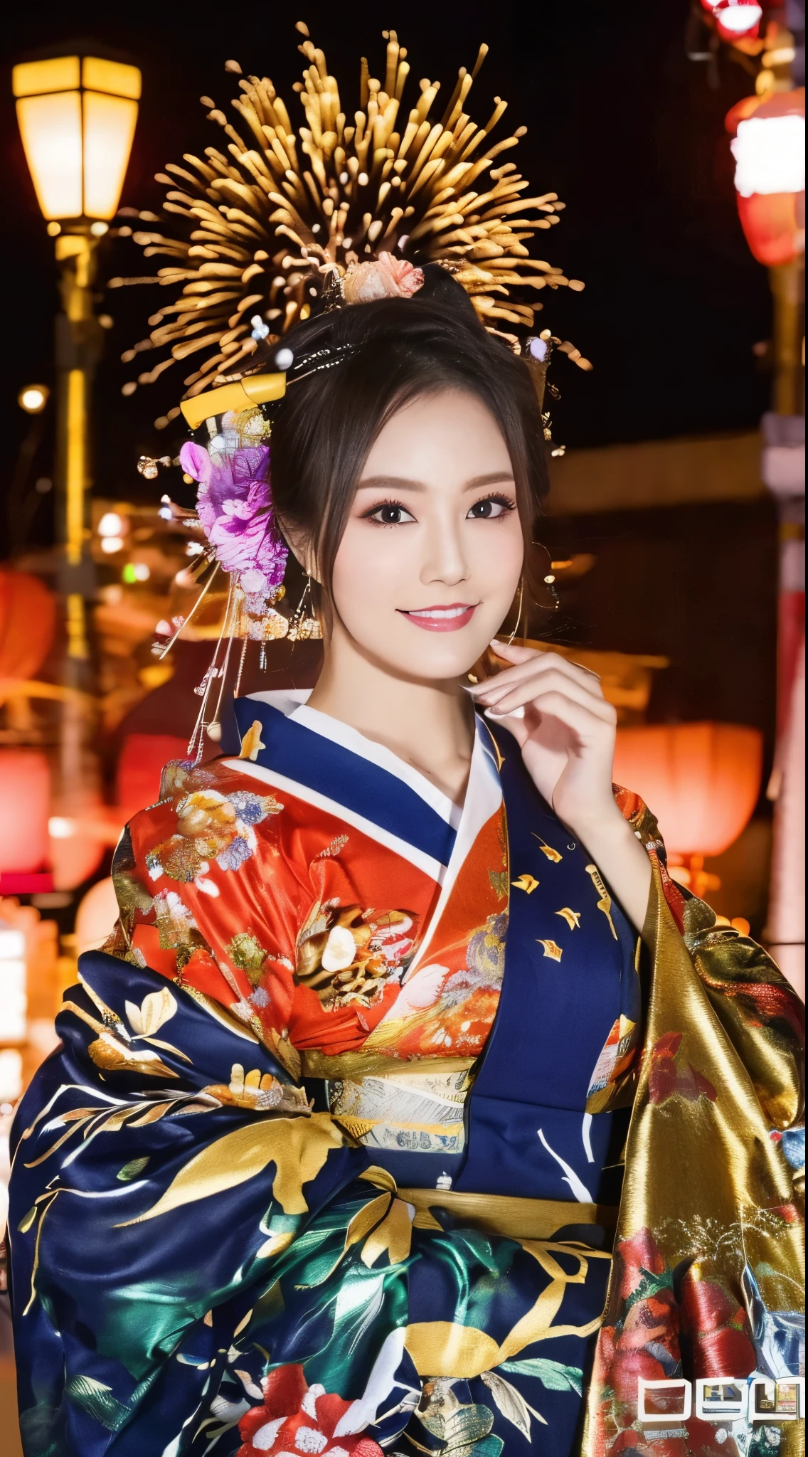 ((masterpiece(:1.4)，Highest quality，Ultra-high resolution，Highest quality，8k，Extremely detailed，In detail))。night，Fireworks display，Japanese，A beautiful woman，Big Breasts，Flashy gal makeup，Oiran，Long-sleeved kimono，Hair tying，hair ornaments，smoke tube，geta，Gorgeous and luxurious，(Fireworks displayのnightに河川敷で花火を背景にしたスナップ写真)，Hyper Quality