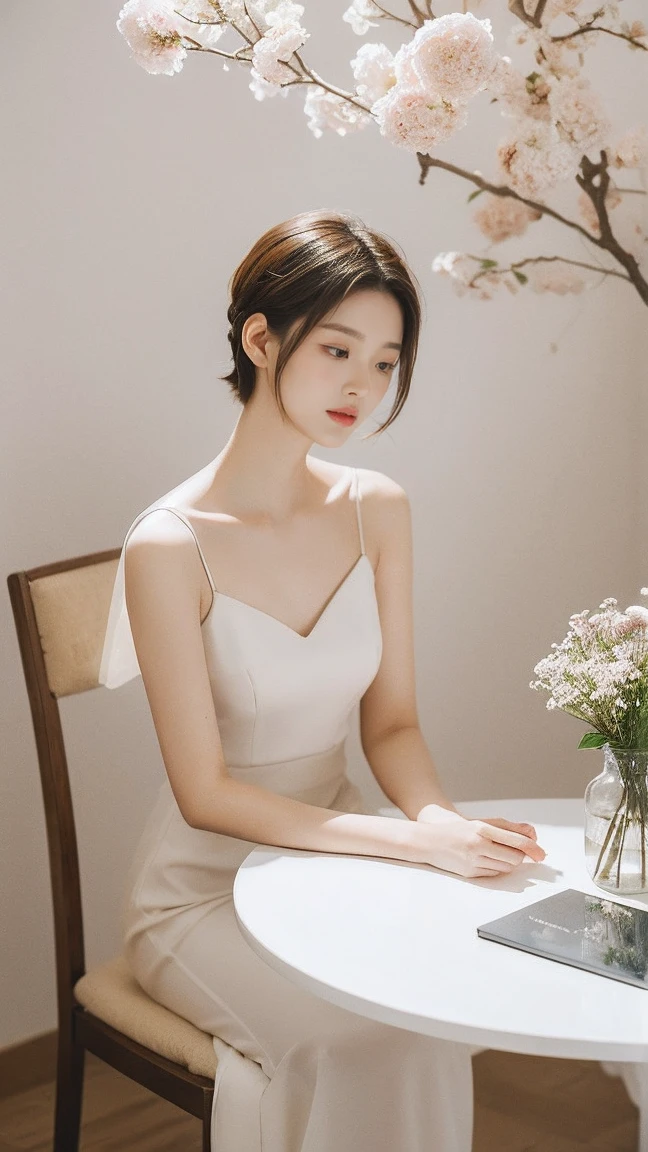 Young woman, sitting on a chair, light long dress, elegant colors, soft short hair, dreamy eyes, deep thoughts, exquisitely decorated space, flowers and dry tree branches, artistic arrangement, table and chairs, colorful flowers, books, vintage table lamp, cool lighting, white wall, harmony, decorative details, artwork, private space, peaceful , quiet, gentle, pure, gentle, warm emotions.