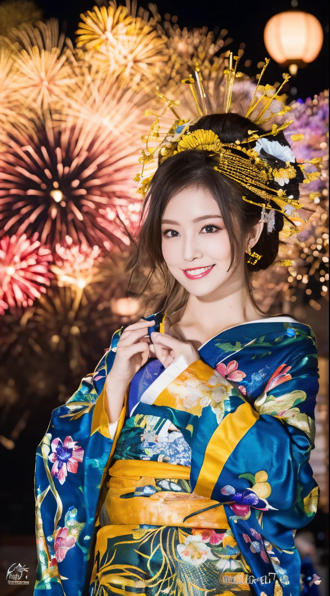 ((masterpiece(:1.4)，Highest quality，Ultra-high resolution，Highest quality，8k，Extremely detailed，In detail))。night，Fireworks display，Japanese，A beautiful woman，Big Breasts，Flashy gal makeup，Oiran，Long-sleeved kimono，Hair tying，hair ornaments，smoke tube，geta，Gorgeous and luxurious，(Fireworks displayのnightに河川敷で花火を背景にしたスナップ写真)，Hyper Quality