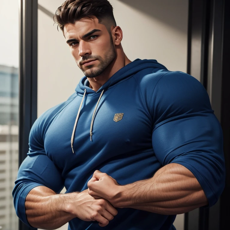 a very handsome man, with a haircut, massively muscular, with massively large muscles, blue sweatshirt, seen very close up