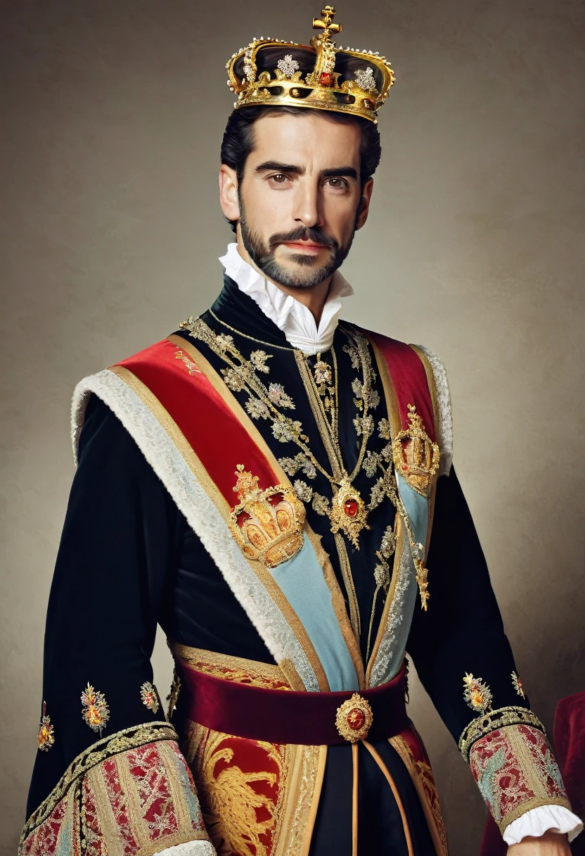 Handsome Spanish king wearing Spanish royal attire.