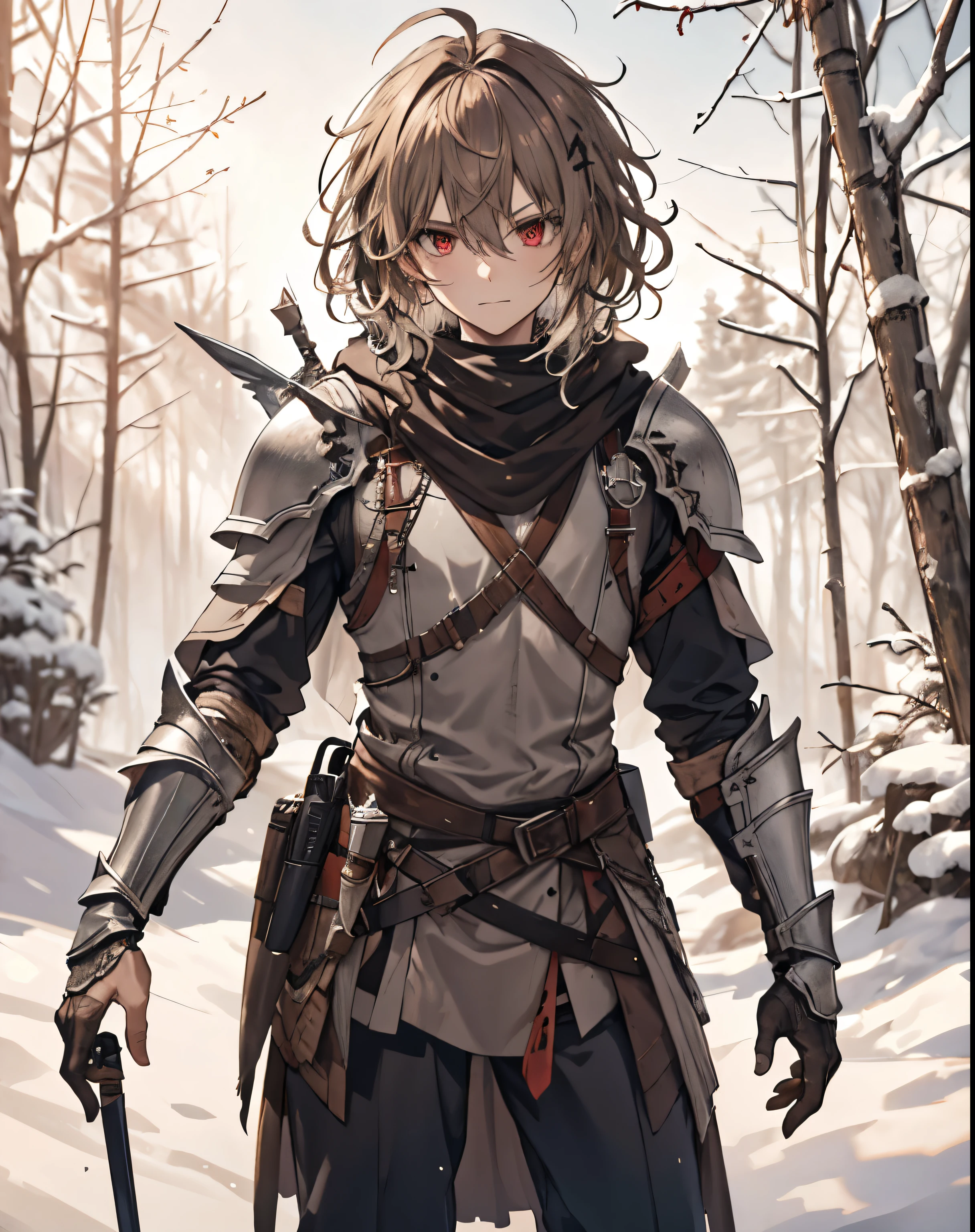 masterpiece, 1men, sparrow, a brown haired men, wearing a black teutonic medieval armored knight, curly medium hair, messy hair, slim body, wearing knight clothes, he close her left eye, shirt ornament, serious expression, red eyes, stand at snowy forest, ahoge, grey vest, shawl, full armor, bring big shield in his back, beautiful eyes