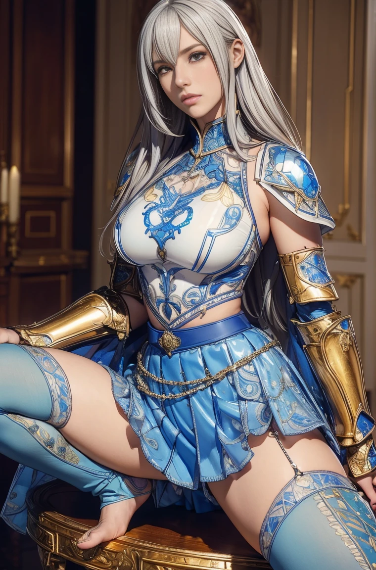 Highest quality}, {Very beautiful}, {Very detailedな}, {The best An illustration}, masterpiece,(((Skirt Lift:1.5))),((Showing off see-through micro pants:1.4)),garter belt:1.5,((Holy Knight)), Smooth breastplate, ((Blue Armor:1.5))、((((Extremely detailed and intricately decorated armor:1.35)))),Red Cowboy Shot,smooth udder、big 、(Golden Ratio,Tabletop, Highest quality, Highest quality, Official Art, beautifully、beautiful:1.2), Very detailed, colorful,Best details,An illustration, Great scene, (Adult,19 years old,One Girl, alone, Final Fantasy 12,Asheria:1.5, Asheria:1.5, Asheria:1.5, Curly Hair:1.5, Long Hair,Silver Hair:1.2,Asheria Costume:1.5, Asheria Costume:1.5, mini skirt,Knee socks, Thighs Thighs Thighs Thighs, gem, Blue Belt,Belt number 1),Course of action, A look of contempt ,Whole body 1.5, squat, Spread your legs,No stockings,squatting, spread legs, tight, micro red panties,