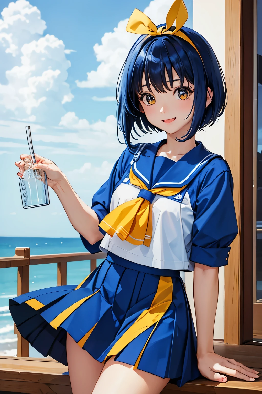 Asuka Honda、明日香、ASKA120%、Blue Hair、Bobcut、Yellow ribbon on the head、Sailor suit、Blue Skirt、Holding a beaker、Have a flask、Full of energy、Full of smiles、Jumping(((SFW、sound、Highest quality、first-clasasterpiece、Normal body、8k、Detailed face、Ultra-precision、Normal hand、Normal finger、5Finger、Highest)))
