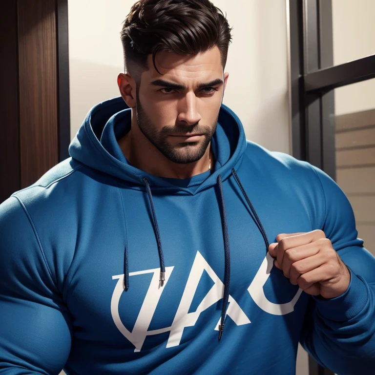 a very handsome man, with a haircut, massively muscular, with massively large muscles, blue sweatshirt, seen very close up