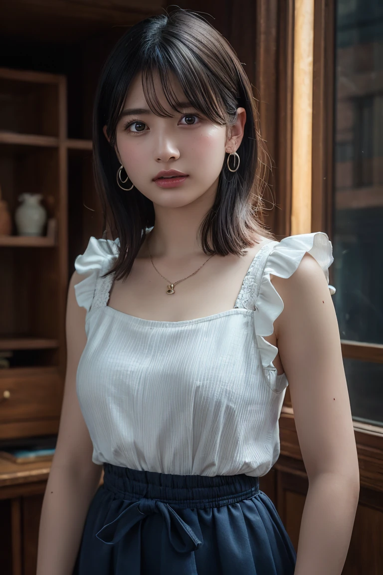 (Highest quality:1.4),(masterpiece:1.4),(Realistic:1.4),(Realistic:1.2),(超High resolution, RAW Photos:1.4),(High resolution, Ultra-detailed:1.2),(8k:1.2),View your viewers,Cinematic photography,One girl,skeletally correct,Black-haired woman,Woman in her early 20s,(Small earrings,necklace,Floral sleeveless top with ruffles on the shoulders、Long skirt),(Western-style building interior,Dimly lit room,The lamplight shines on my cheeks)