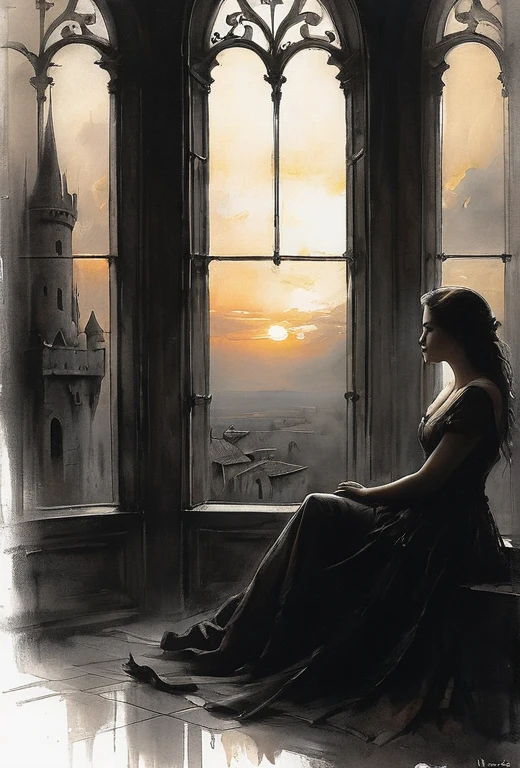 Black and white art, pencil drawings, charcoal and chalk drawings. Sketch, chiaroscuro, darkness, concept art, wide angle, side view, dark fantasy style, painting depicting a young woman sitting in her castle at sunset in the evening and holding the audience. The room is dusty and rays of light cut through the darkness, creating a gloomy atmosphere. A young woman watches the siege of a city from the window of her castle, her expression both powerful and pensive. Anna Razumovskaya, Casey Baugh, Antonio Mora, Aminola Rezai, Giovanni Boldini, art,