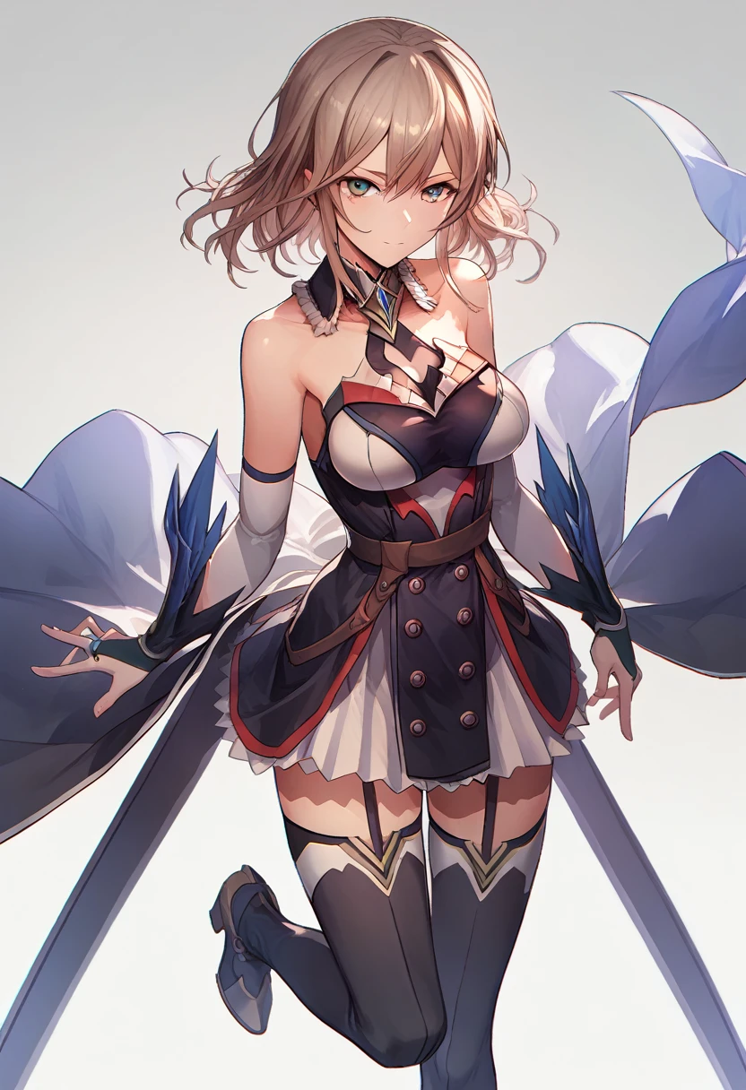 frnel,1st costume, dress, short dress, detached collar, bare shoulders, detached sleeves, cleavage, collarbone, bridal gauntlets, black thighhighs, zettai ryouiki, garter straps, waist cape,boots, high heels, 