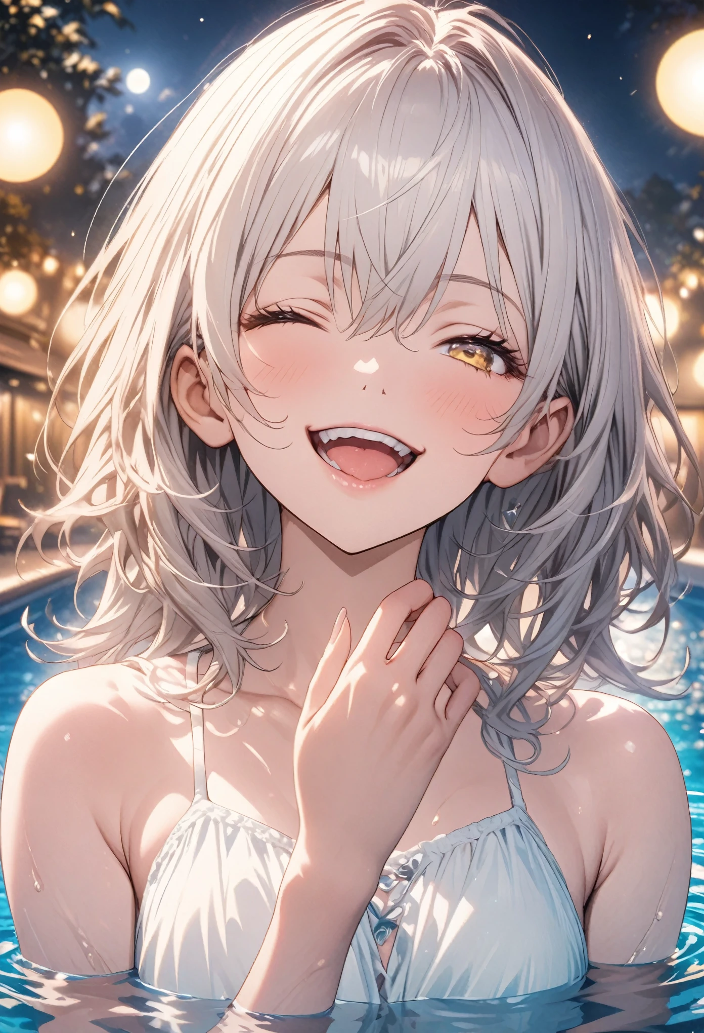 masterpiece, Highest quality, Highly detailed CG Unity 8k wallpaper, Realistic skin texture, Anatomical Hand, High School Girl Anime Illustration. Wear a white swimsuit、peace fingersのポーズをしている、she has her eyes closed and mouth open, smile. The background is a light pastel colored landscape., White hair color, Yellow Eyes, night, Neon light pool, illumination, Bokeh, full moon, shallow depth of field, 