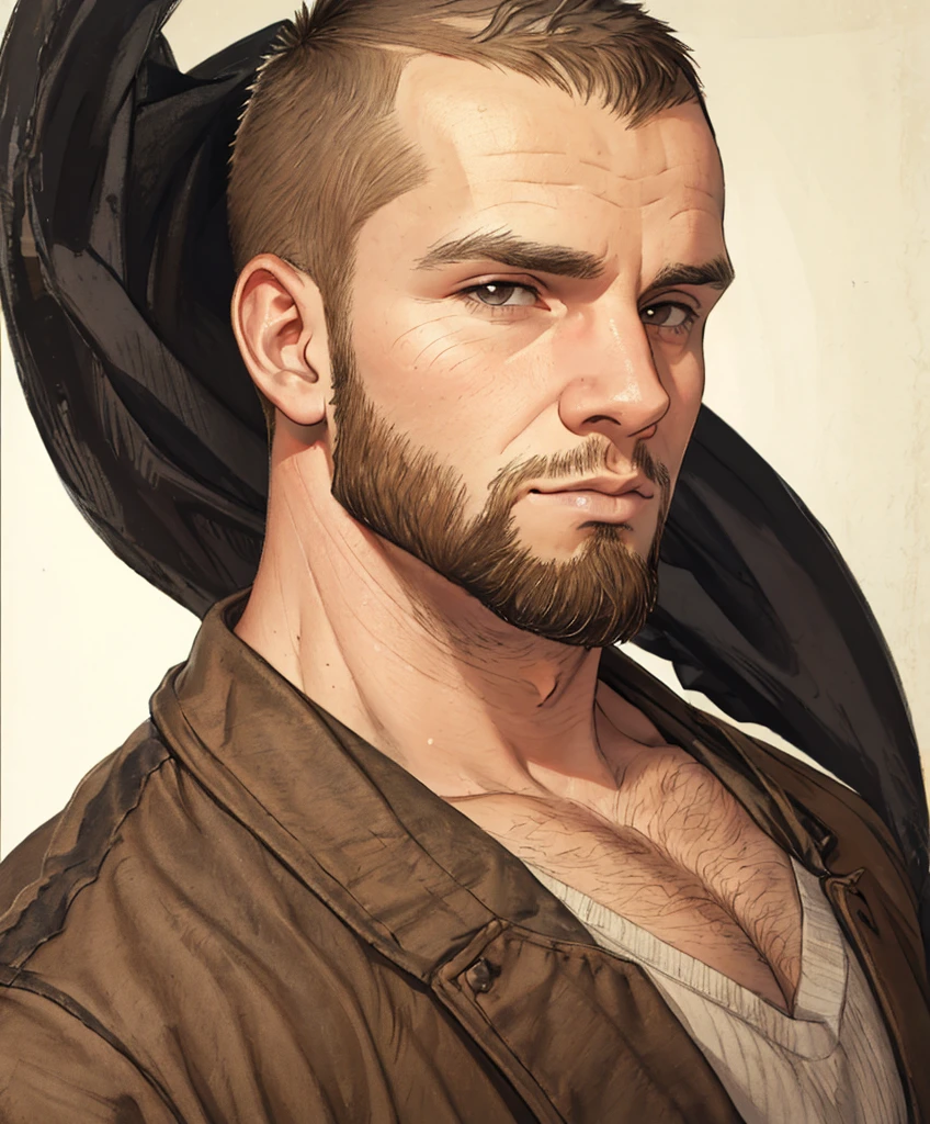 portrait, young adult guy, buzzcut, mutton chops