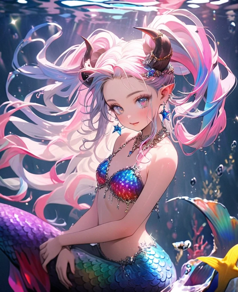 8K,gal,an extremely delicate and beautiful,Beautiful and realistic skin,Shiny jewel-like earrings,Shine like glitter long colorful hair,demon horn,beautiful eyes,tiger pattern bikini,glitter background,full body