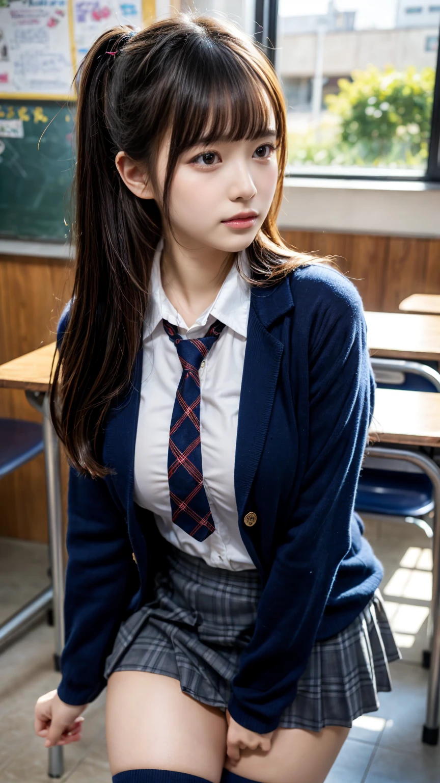 masterpiece, best quality, illustration, Super detailed, fine details, High resolution, 8K,wall paper, perfect dynamic composition,(Details High quality, realistic depiction of eyes:1.3), from side, High School Classroom、High school girl uniform、blazer 、Super Short Check Uniform Skirt、Navy blue high socks、garterbelts、plump breasts, Disturbed uniform, (updo:1.2), black hair color, large breasts, Big Natural Color Lip, bold sexy pose, (perfect body shape), crying a little、20 year old girl、cute type, beautiful legs, hposing Gravure Idol, Voluptuous thighs