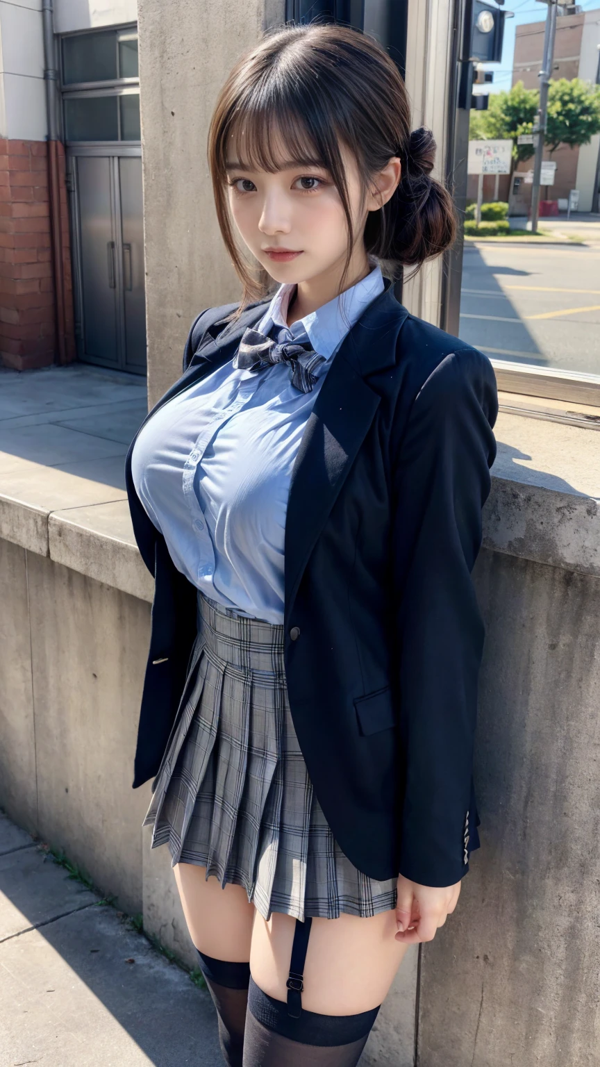 masterpiece, best quality, illustration, Super detailed, fine details, High resolution, 8K,wall paper, perfect dynamic composition,(Details High quality, realistic depiction of eyes:1.3), from side, High School Classroom、High school girl uniform、blazer 、Super Short Check Uniform Skirt、Navy blue high socks、garterbelts、plump breasts, Disturbed uniform, (updo:1.2), black hair color, large breasts, Big Natural Color Lip, bold sexy pose, (perfect body shape), crying a little、20 year old girl、cute type, beautiful legs, hposing Gravure Idol, Voluptuous thighs
