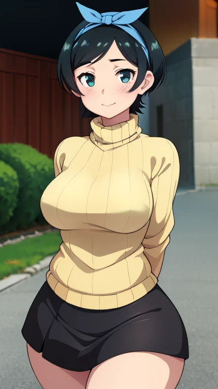 ((Masterpiece)), perfect anatomy, perfect shading, field of depth, (best quality), extremely delicate and beautiful, perfect lighting, detailed face, ultra cute face, cute, (cowboy shot 1.2), (((1girl))), ((solo)), looking at viewer,

((((Sarashina Ruka)))), ((blue hairband)), ((tan turtle neck sweater)), ((black short skirt)), (blush) sweet smile, medium breasts, perky breasts, wide hips, ((thick thighs)), 

Japanese city, street, intricate background, detailed background, standing, arms behind back,