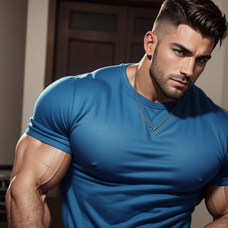 a very handsome man, with a haircut, massively muscular, with massively large muscles, blue sweatshirt, seen very close up