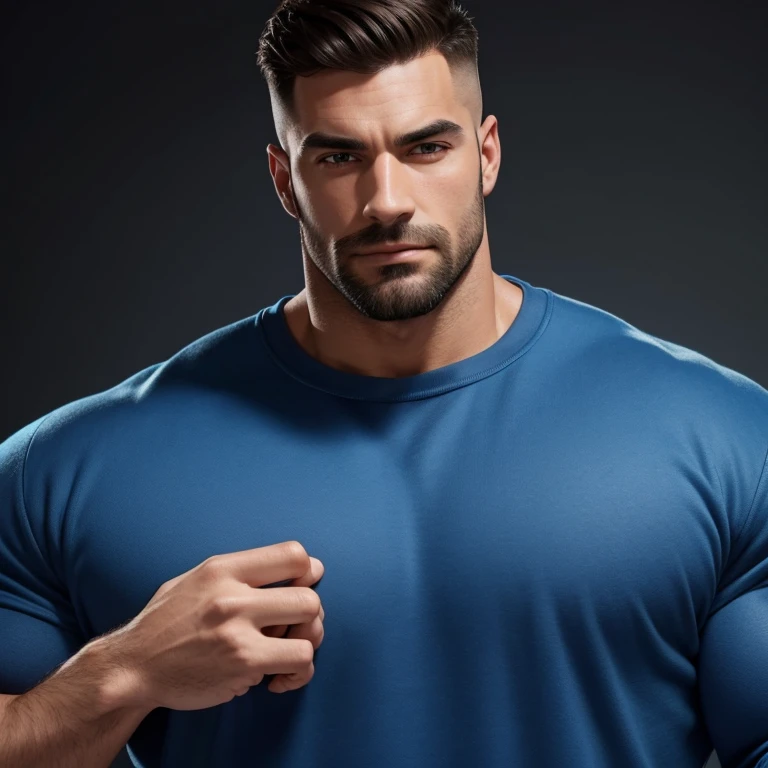 a very handsome man, with a haircut, massively muscular, with massively large muscles, blue sweatshirt, seen very close up