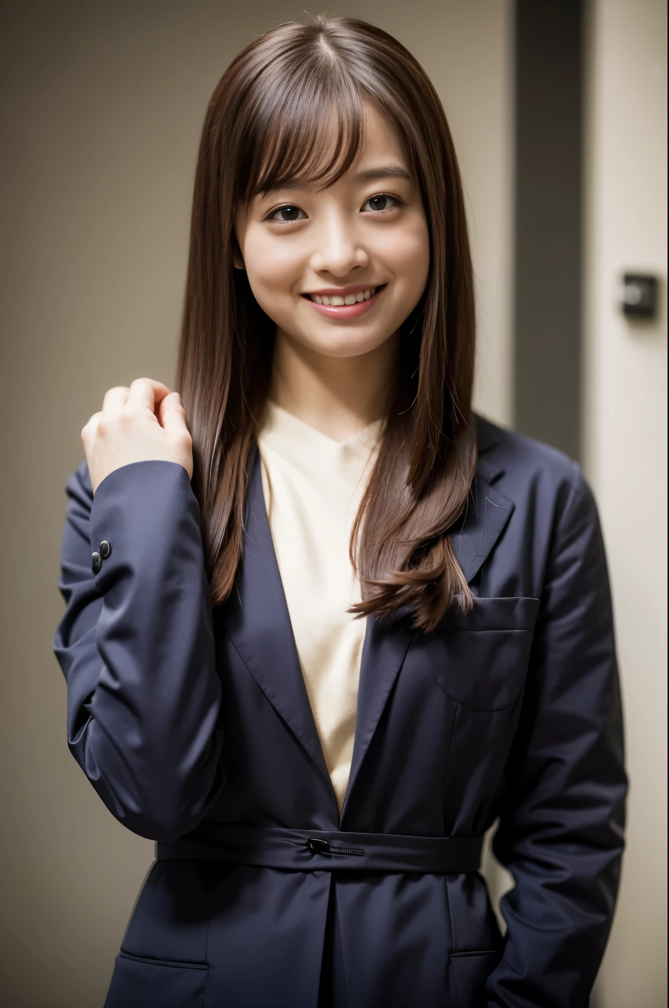 (top-quality、8K、32K、masterpiece、nffsw:1.2)、1girl in、beautiful japanese female、(a beauty girl)、big breasts thin waist、Aligned bangs、Tight white tops、Black miniskirt、20yr old、Coming down the brick stairs、(pretty pose:1.2)、(smil:1.5)、