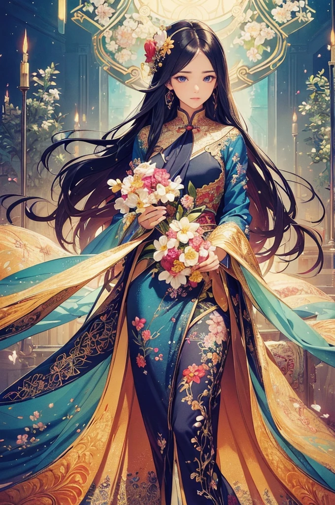 ((Highest quality、Highest quality、masterpiece、Beautiful and beautiful、There is only one beautiful woman with long hair and beautiful eyes.))、 break、(Standing like a flower)、(Floral scent)、(Everyone is fascinated)、break、delicate silk、Delicate embroidery decoration、Very detailed and meticulous、Petals fluttering、Light Dancey feelings are dancing、Sense of presence、High resolution、(((Vibrant colors)))、Very beautiful fractal、Very detailed and meticulous、Silk Art