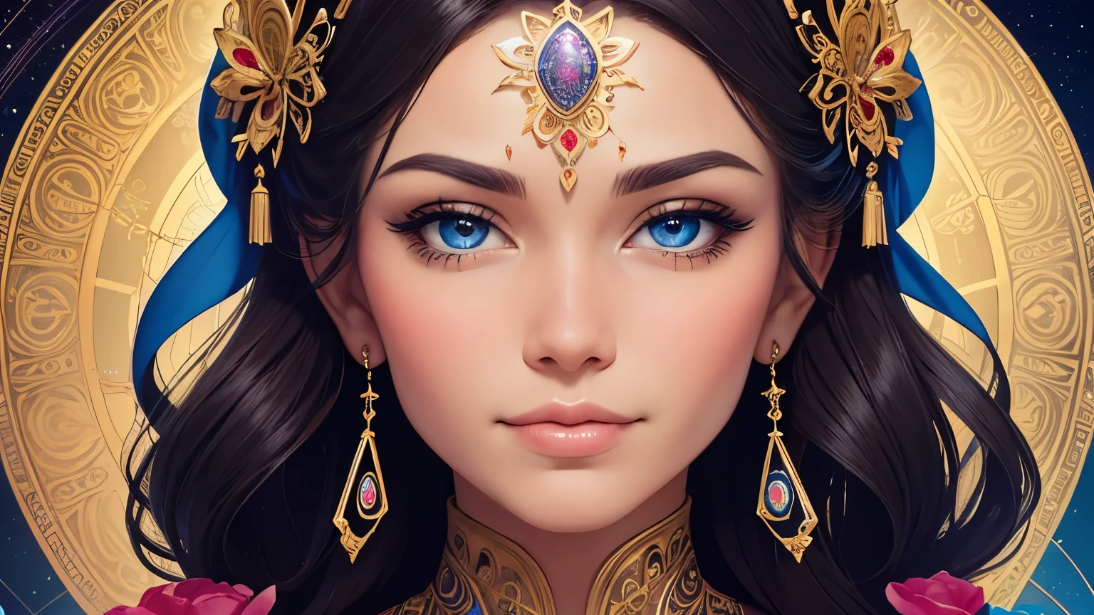 A beautiful face with prominent dimples, surrounded by thought bubbles containing global landmarks, scientific symbols, and mystical elements, digital art style, vibrant colors"