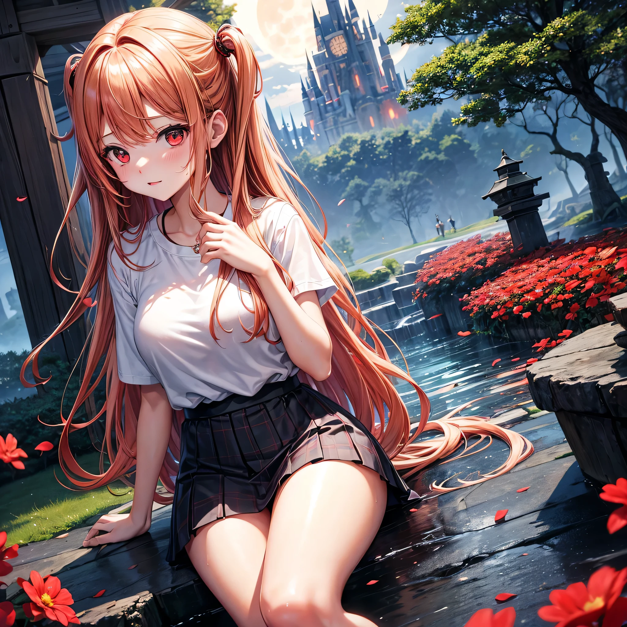red blonde、conjunctivitis、a cute woman、alone、and spirit、Light clothing、Plaid Mini Skirt、flower petals、Wet hair、sit on、black t-shirt、big tree、cloud、full moon、monster castle、lanthanum、hell'door、คนเฝ้าdoorงานฝีมือ、Barefoot、A pile of rocks、Teeth can be seen、Secret treasure、wooden chair、Wooden fence、The marble is rolling.