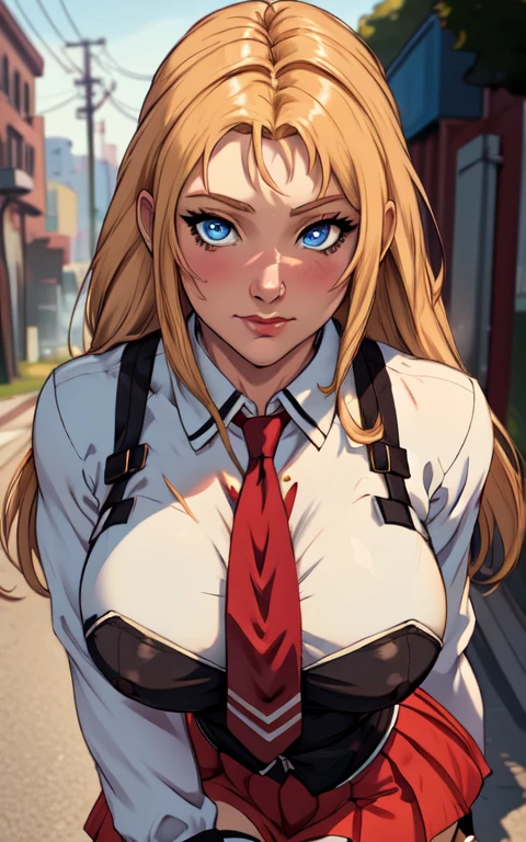 ((masterpiece, best quality)), insaneres, absurdres, solo, outdoors,
CLOTHING_BibleBlack_SchoolDress_ownwaifu, 
1girl, blonde hair,  long hair, blue eyes, 
black vest, red skirt, white shirt, collared shirt, suspenders, , black thighhighs, zettai ryouiki, necktie, long sleeves, pleated skirt, red necktie, 
(portrait, close-up)lens flare, depth of field, bokeh, embers, vanishing point, looking at viewer,