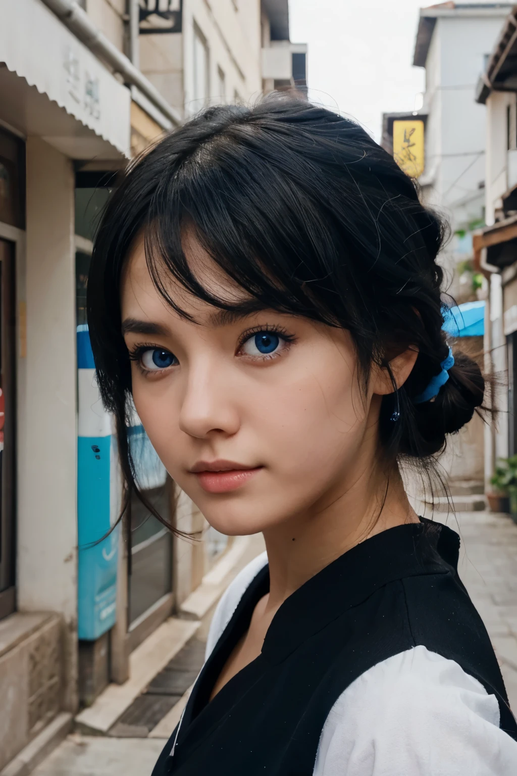 A genju girl with blue eyes and black hair 
