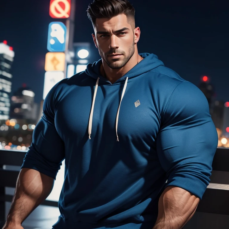 a very handsome man, with a haircut, massively muscular, with massively large muscles, blue sweatshirt, seen very close up in a city at night