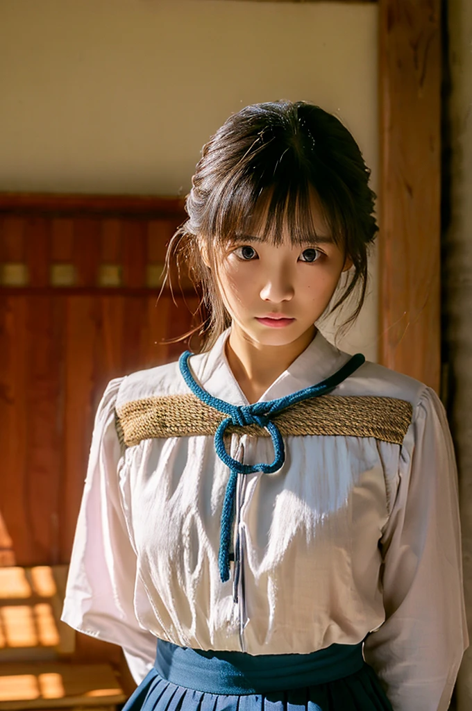 ((highest quality, masterpiece :1.3)), Photorealistic、Ultra-high resolution、Natural skin texture、Hyperrealism、Near Movies、Beautiful Japanese girl in her late s、small size blouse、Rope bondage、Angry expression、In the classroom