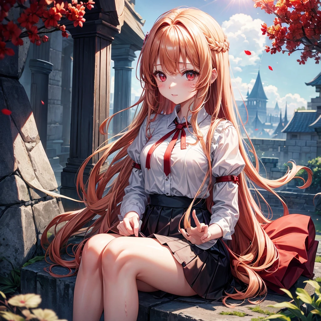 Red-blonde、Red eyes、One cute girl、solo、And soul、Light clothing、Checked mini skirt、petal、Wet hair、Sit on、black t-shirts、large tree、cloud、full moon、monster castle、lanthanum、Hell's Gate、Craft Gatekeeper、barefoot、Stones are piled up、Teeth are visible、Secret Treasure、Wooden chair、Wooden fence、Lava is flowing