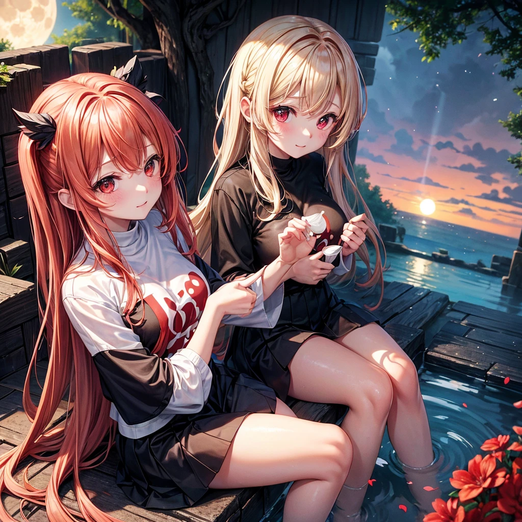 Red-blonde、Red eyes、One cute girl、solo、And soul、Light clothing、Checked mini skirt、petal、Wet hair、Sit on、black t-shirts、large tree、cloud、full moon、monster castle、lanthanum、Hell&#39;s Gate、Craft Gatekeeper、barefoot、Stones are piled up、Teeth are visible、Secret Treasure、Wooden chair、Wooden fence、Lava is flowing