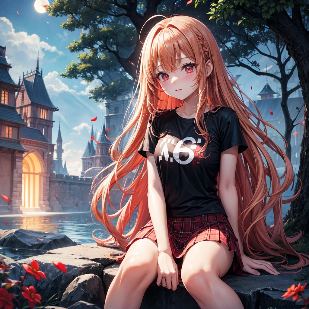 Red-blonde、Red eyes、One cute girl、solo、And soul、Light clothing、Checked mini skirt、petal、Wet hair、Sit on、black t-shirts、large tree、cloud、full moon、monster castle、lanthanum、Hell's Gate、Craft Gatekeeper、barefoot、Stones are piled up、Teeth are visible、Secret Treasure、Wooden chair、Wooden fence、Lava is flowing