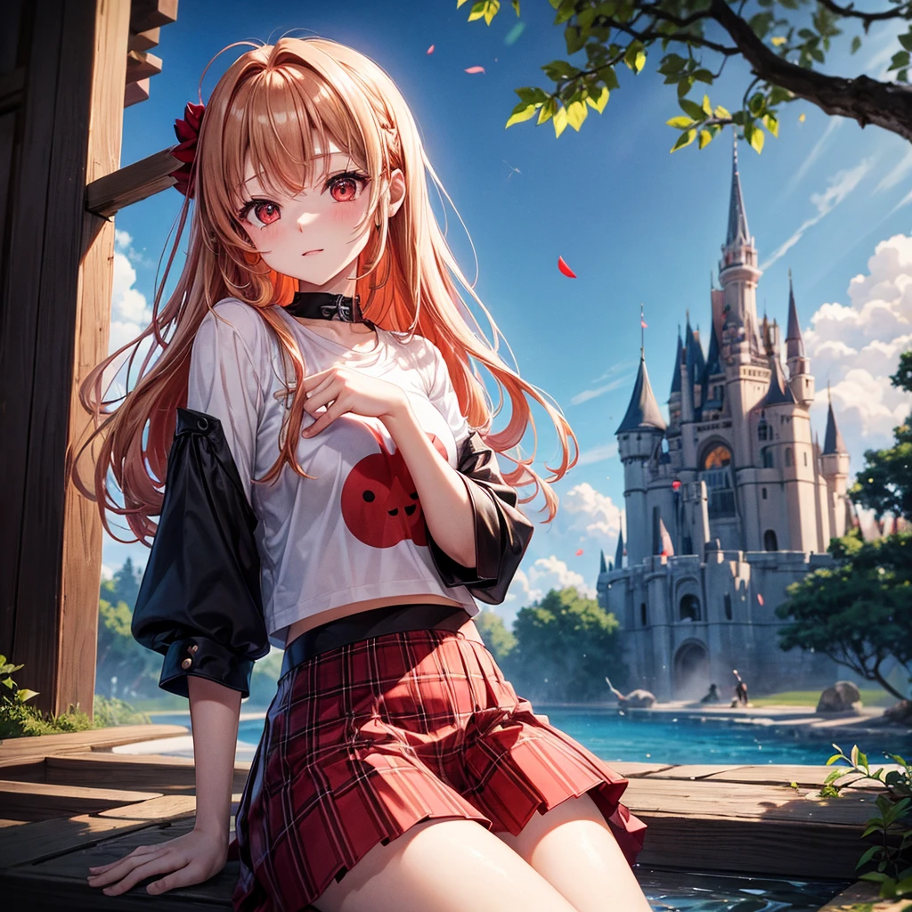 Red-blonde、Red eyes、One cute girl、solo、And soul、Light clothing、Checked mini skirt、petal、Wet hair、Sit on、black t-shirts、large tree、cloud、full moon、monster castle、lanthanum、Hell's Gate、Craft Gatekeeper、barefoot、Stones are piled up、Teeth are visible、Secret Treasure、Wooden chair、Wooden fence、Lava is flowing