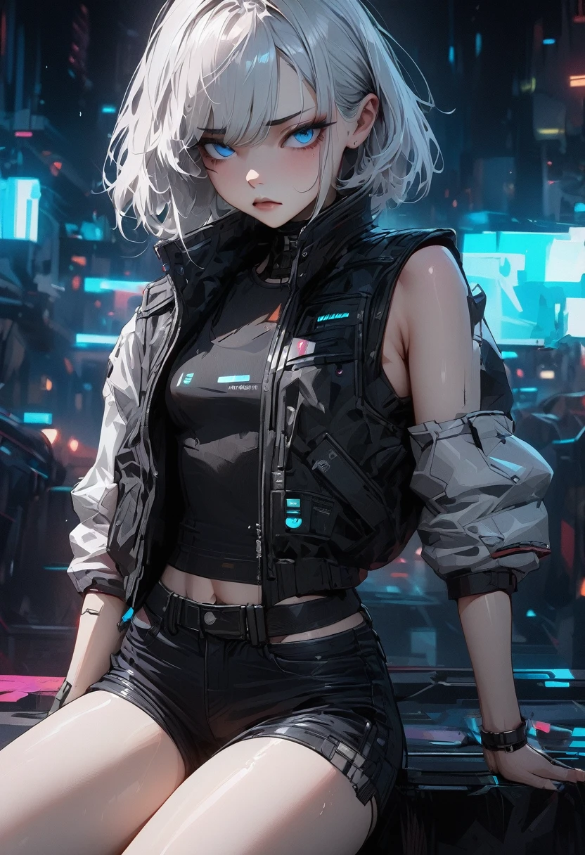 Young girl with white hair and blue eyes, indifferent expression, cyberpunk style, black top, wearing vest and shorts, high quality masterpiece, high details