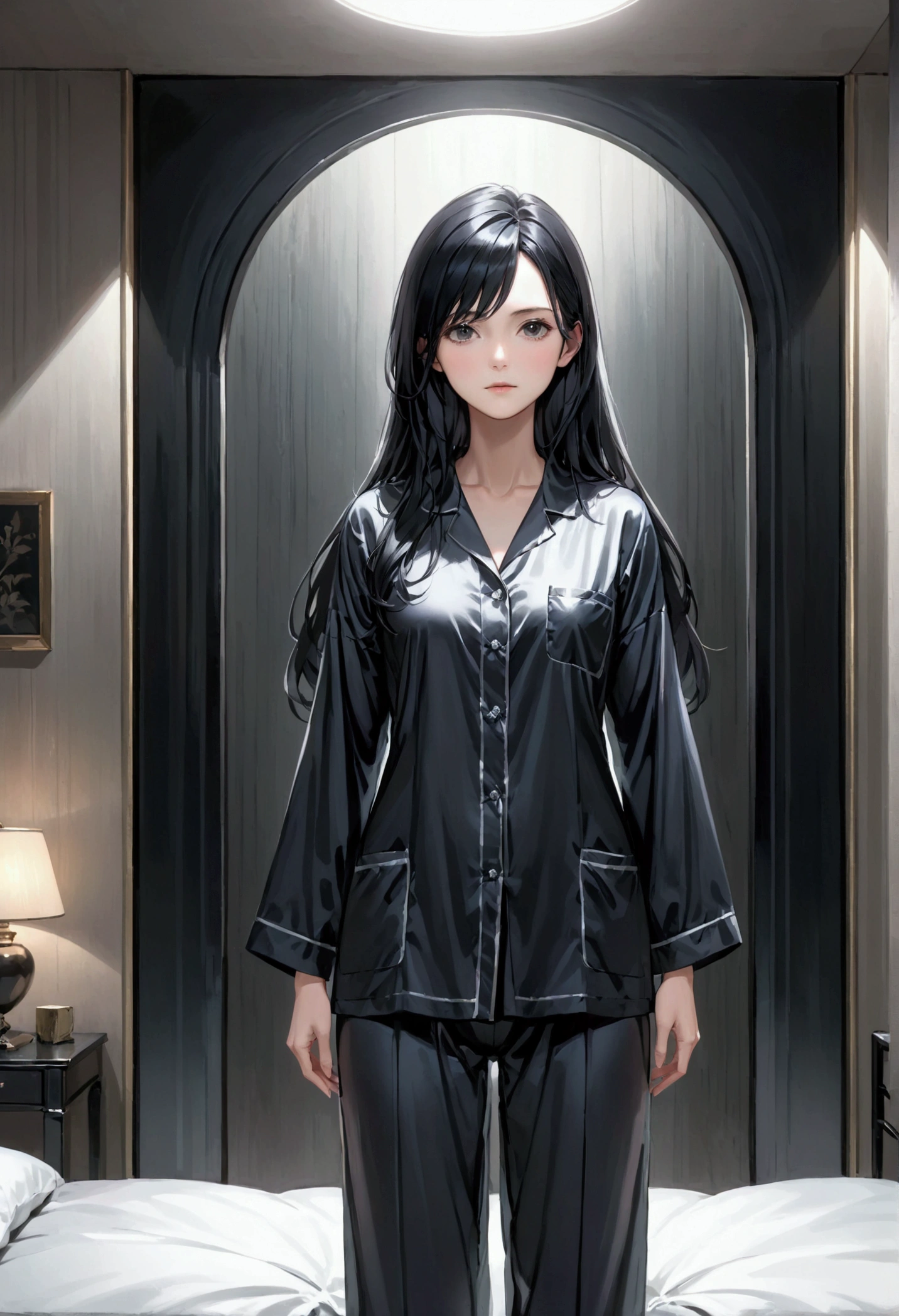 Mature Girl with long black hair with silver highlight, dark onyx eyes,tall rectangular body figure, pajamas