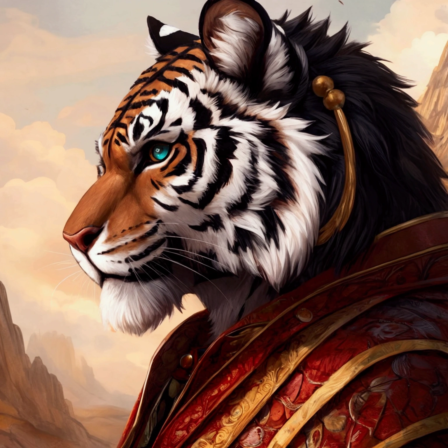Profile picture, of a tiger man facing sideways, with majestic eyes and fur, powerful leader, portrait photo