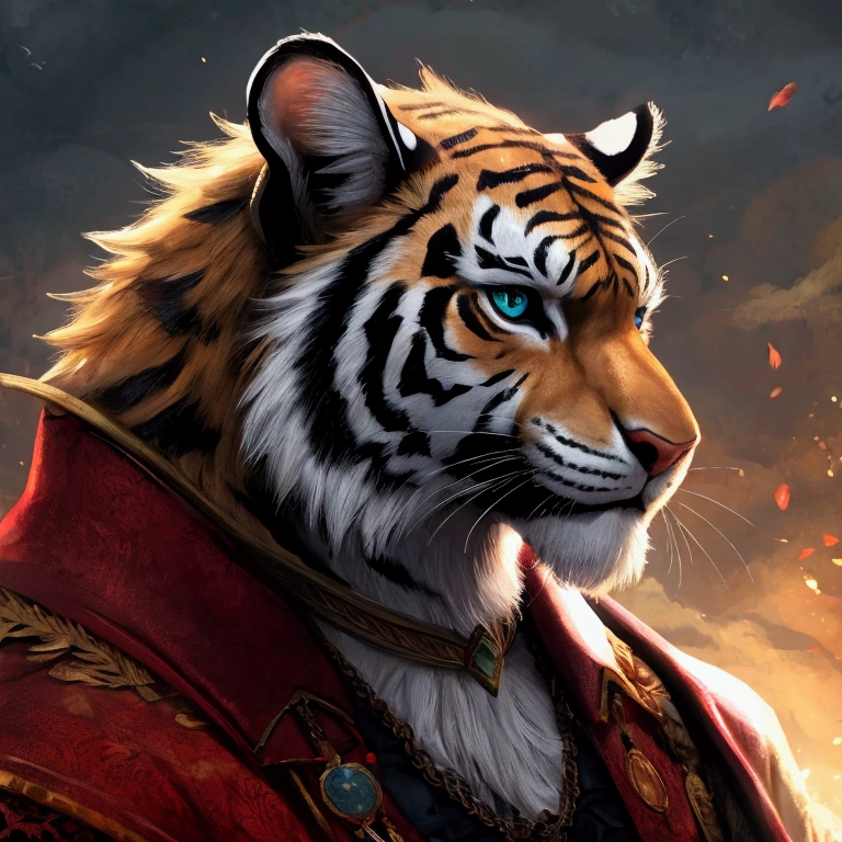 A stunning 3D rendering illustration of an white-furred teenage tiger, portrayed as a muscular warrior. The tiger is dressed in a fashionable and elaborate armor, adorned with intricate designs and a cape. In a surreal forest cafe setting, the tiger is shown sipping wine from a glass, exuding a strong and confident presence. The atmosphere of the scene is cinematic, with a touch of anime and conceptual art, creating an immersive and visually captivating experience., conceptual art, cinematic, anime, 3d render, fashion, illustration
