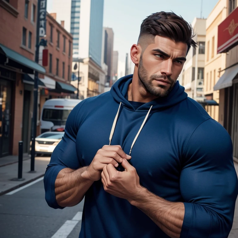 a very handsome man, with a haircut, massively muscular, with massively large muscles, blue sweatshirt, seen very close up in a city in the afternoon