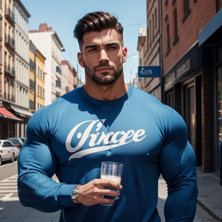 a very handsome man, with a haircut, massively muscular, with massively large muscles, blue sweatshirt, seen very close up in a city in the afternoon