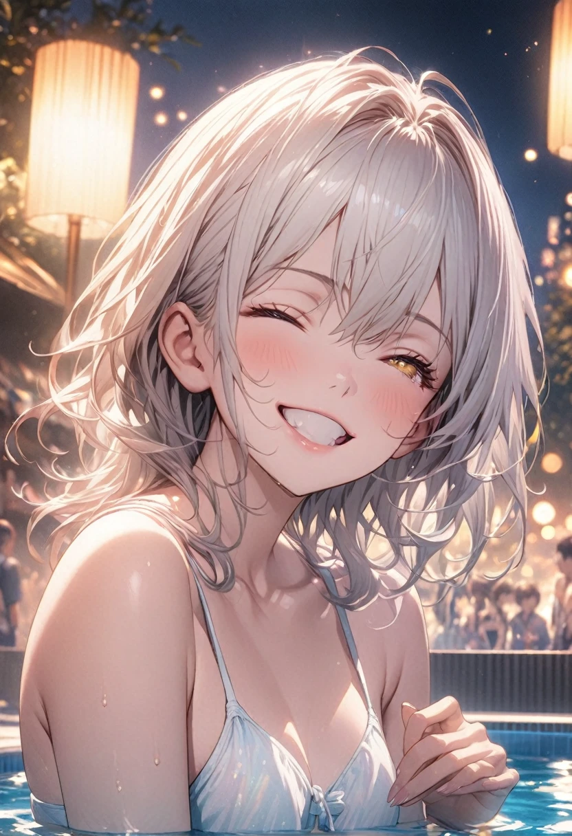 masterpiece, Highest quality, Highly detailed CG Unity 8k wallpaper, Realistic skin texture, Realistic texture, Anatomical Hand, High School Girl Anime Illustration. Wear a white swimsuit、peace fingersポーズをしている、she has her eyes closed and mouth open, smile. The background is a light pastel colored landscape., White hair color, Yellow Eyes, night, Neon light pool, illumination, Bokeh, full moon, shallow depth of field, 