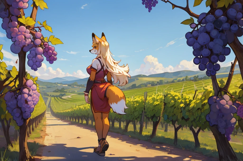 "Depict the clever  fox (animal) walking away from the grapevines, saying she doesn't want the grapes."