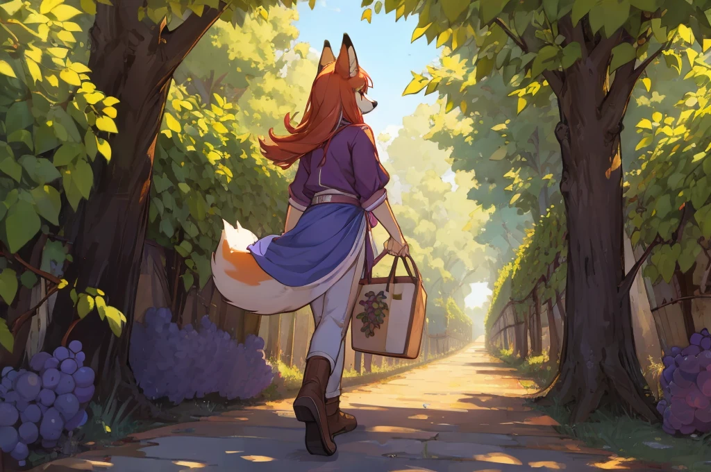 "Depict the clever fox (animal) walking away from the grapevines, saying she doesn't want the grapes."