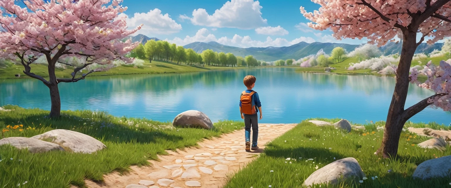 (1 boy:1.3)，journey，real picture，Палаaccurate лагерь，Spring Walk，lake，Natural scenes，barbecue，Blue sky natural background，clay materials，clean background，Horizontal design，3d，C4D，Blender，natural light，Light group photo，Very high detail with edge lighting.，complex parts，8 K, uhd, masterpiece, accurate, Anatomically correct, textured leather, award-winning