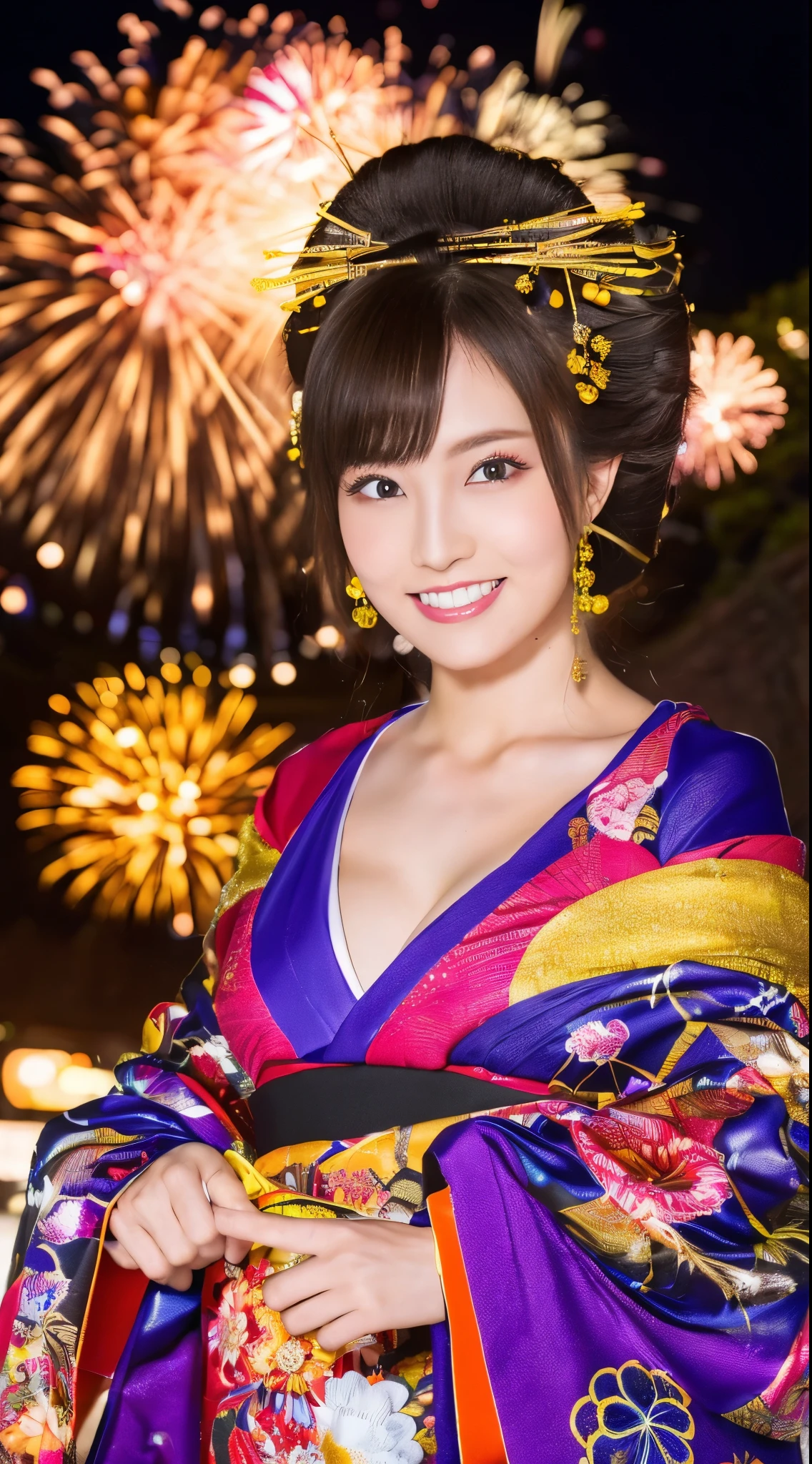 ((masterpiece(:1.4),Highest quality,Ultra-high resolution,Highest quality,8k,Extremely detailed,In detail))。night,Fireworks display,Japanese,A beautiful woman,Big Breasts,Flashy gal makeup,Oiran,Long-sleeved kimono,Hair tying,hairpin,hair ornaments,geta,Gorgeous and luxurious,(Fireworks displayのnightに河川敷で花火を背景にしたスナップ写真),Hyper Quality