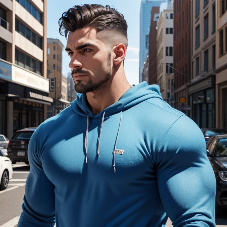 a very handsome man, with a haircut, massively muscular, with massively large muscles, blue sweatshirt, seen very close up in a city in the afternoon