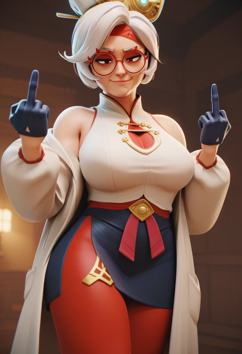score_9, score_8_up, score_7_up, score_6_up BREAK 3d,smug,closed mouth,middle finger,mature female,purah,hair ornament, red headband, red glasses, sleeveless shirt, white coat, black skirt, red leggings, gloves