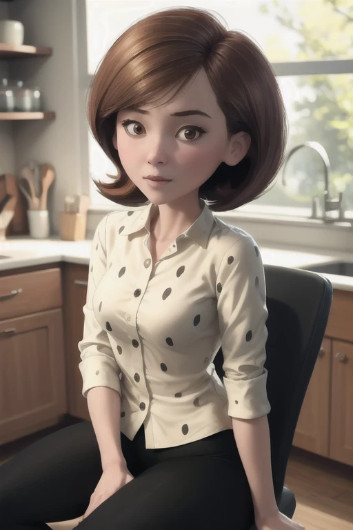 masterpiece, best quality, 1girl, solo, looking at viewer, breasts, helenparr, polka dot, collared shirt, dress shirt, buttons, black pants, sitting, indoors, kitchen, sitting, hands on lap, depth of field,